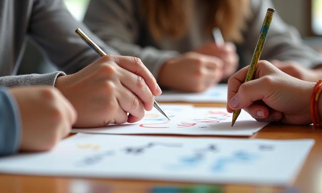 Familie kalligrafiverksted med barn og foreldre